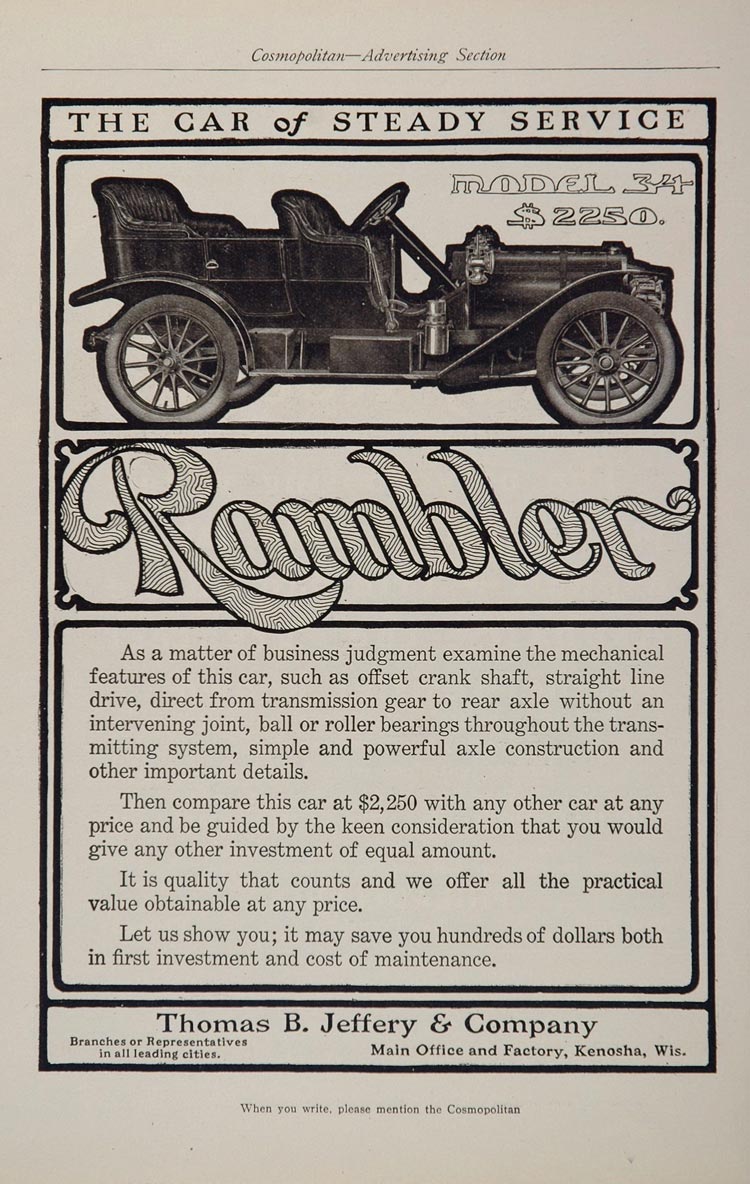 1908 Ad Vintage Rambler Model 34 Car Antique Kenosha WI - ORIGINAL OLD