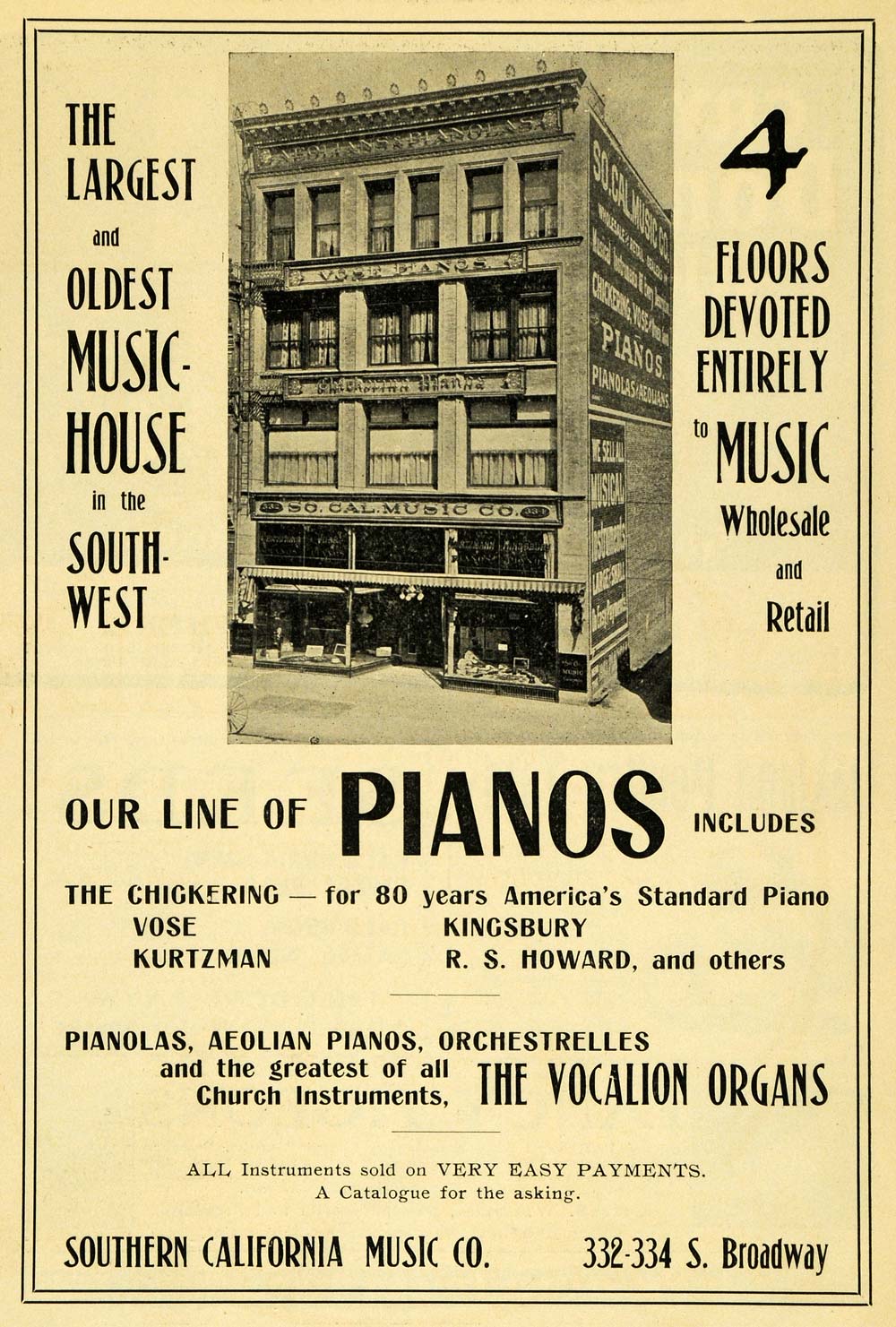 1904 Ad Southern California Music Pianos Chickering - ORIGINAL ADVERTISING OWE1