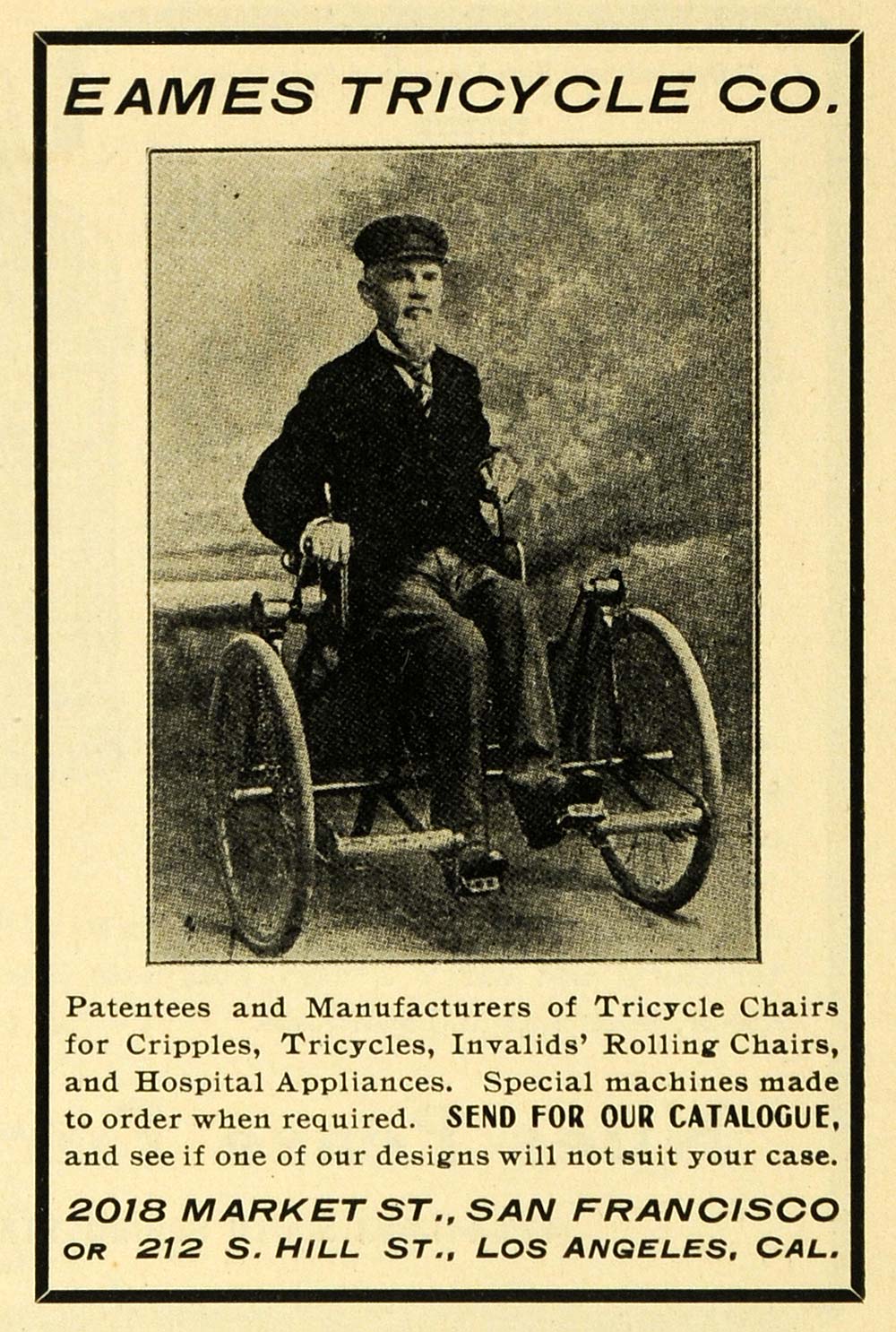 1904 Ad Antique Wheelchair Eames Tricycle San Francisco - ORIGINAL OWE1