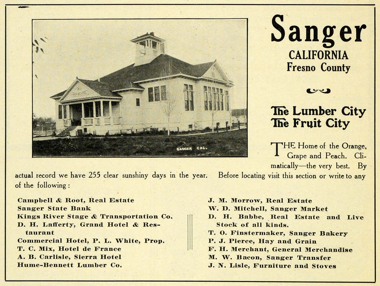 1908 Ad Sanger California Fresno County Real Estate - ORIGINAL ADVERTISING OWE1
