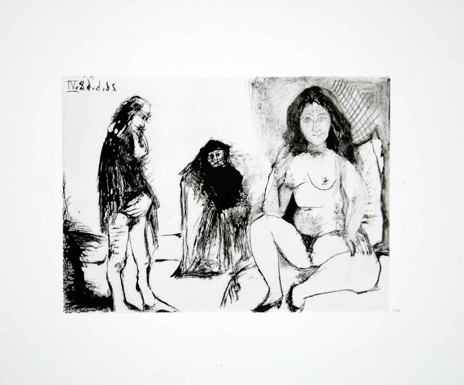 1970 Heliogravure Picasso Nude Female Figure Seated Males Erotic Aquatint P347B