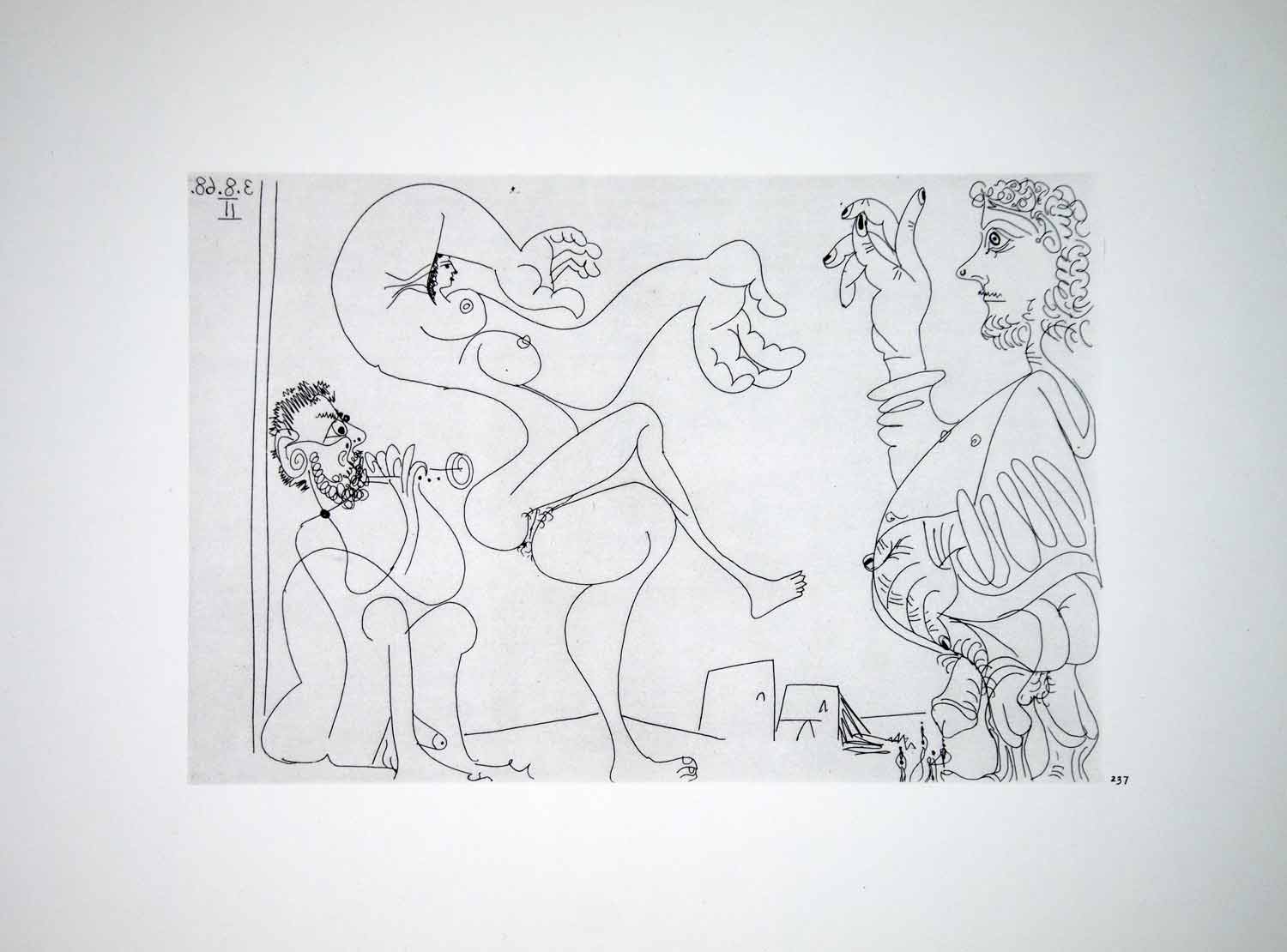 1970 Heliogravure Picasso Abstract Nude Female Dancing Male Panpipe Music P347B