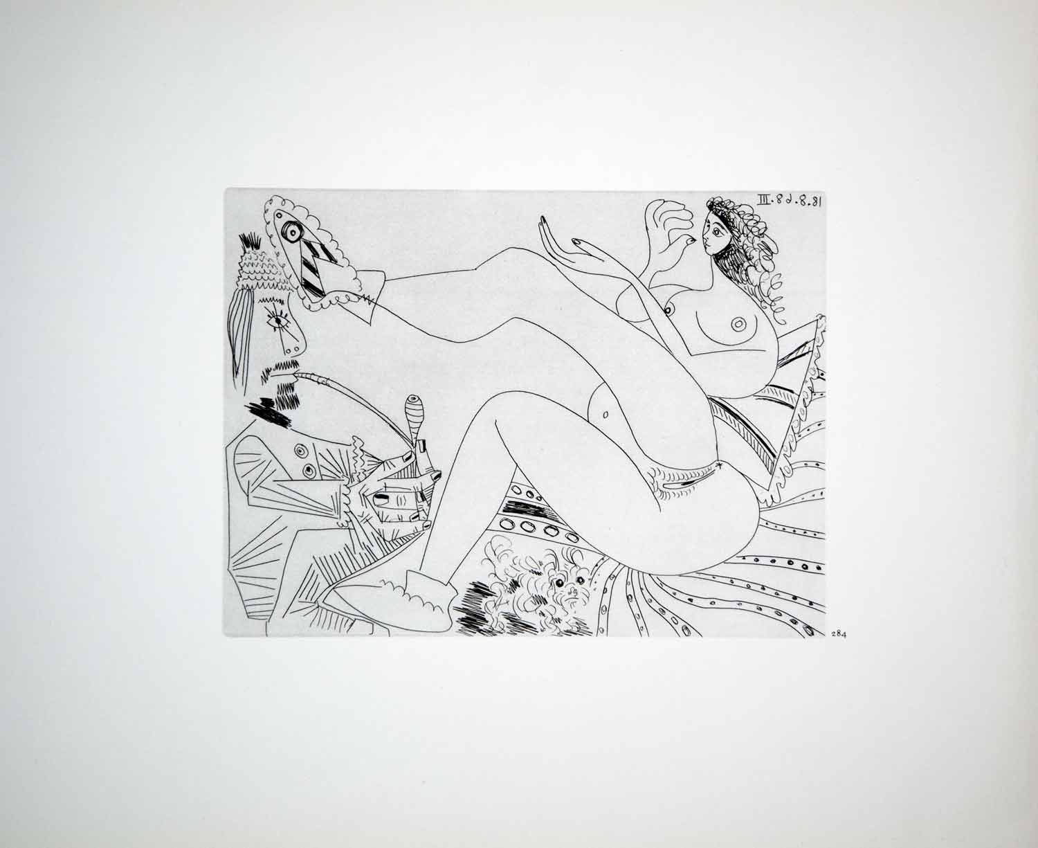 1970 Heliogravure Picasso Nude Female Figure Man Smoking Pipe Erotic Art P347B