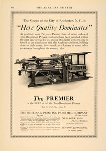 1913 Ad Whitlock Premier Two Revolution Printing Press - ORIGINAL PA1
