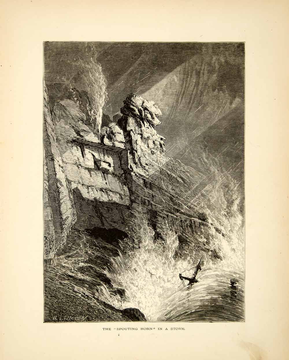 1872 Wood Engraving Spouting Horn Rocks Cliff Mount Desert Island Maine PA2