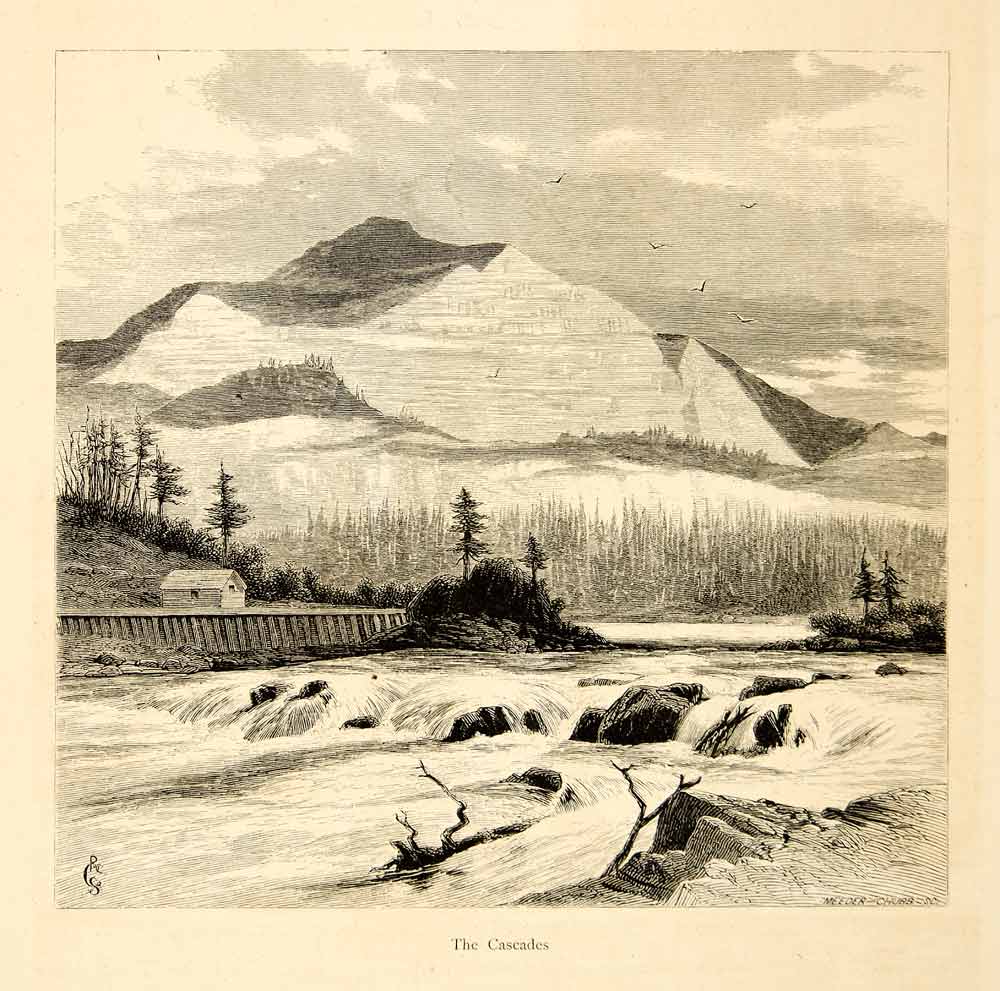 1872 Wood Engraving Cascades Rapids Falls Columbia River Robert Swain PA2
