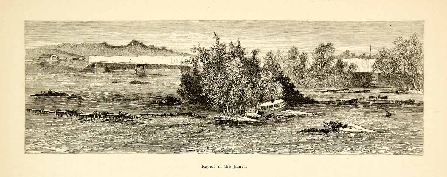 1872 Wood Engraving James River Rapids Rock Bridge Virginia Landscape Harry PA2