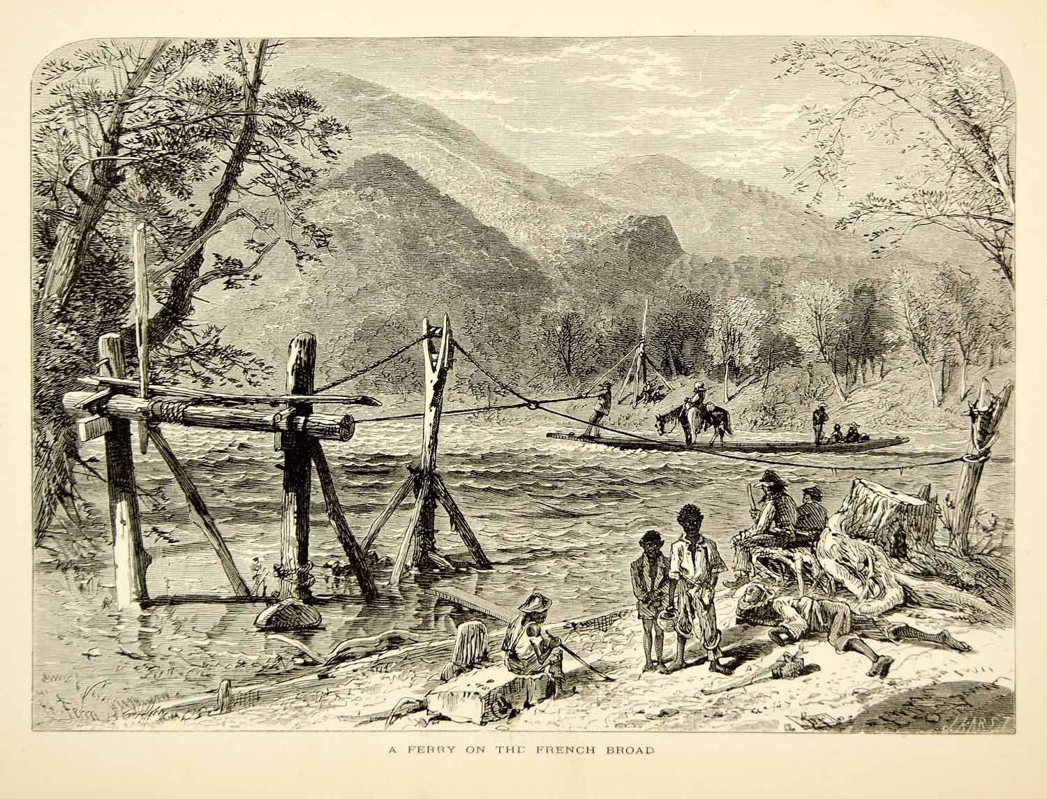 1872 Wood Engraving Ferry Crossing French Broad River North Carolina Harry PA2