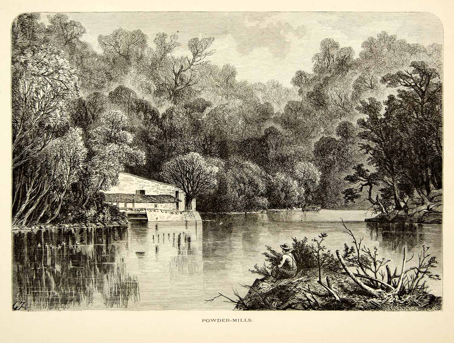 1872 Wood Engraving Brandywine River Powder Mills Landscape Granville PA2