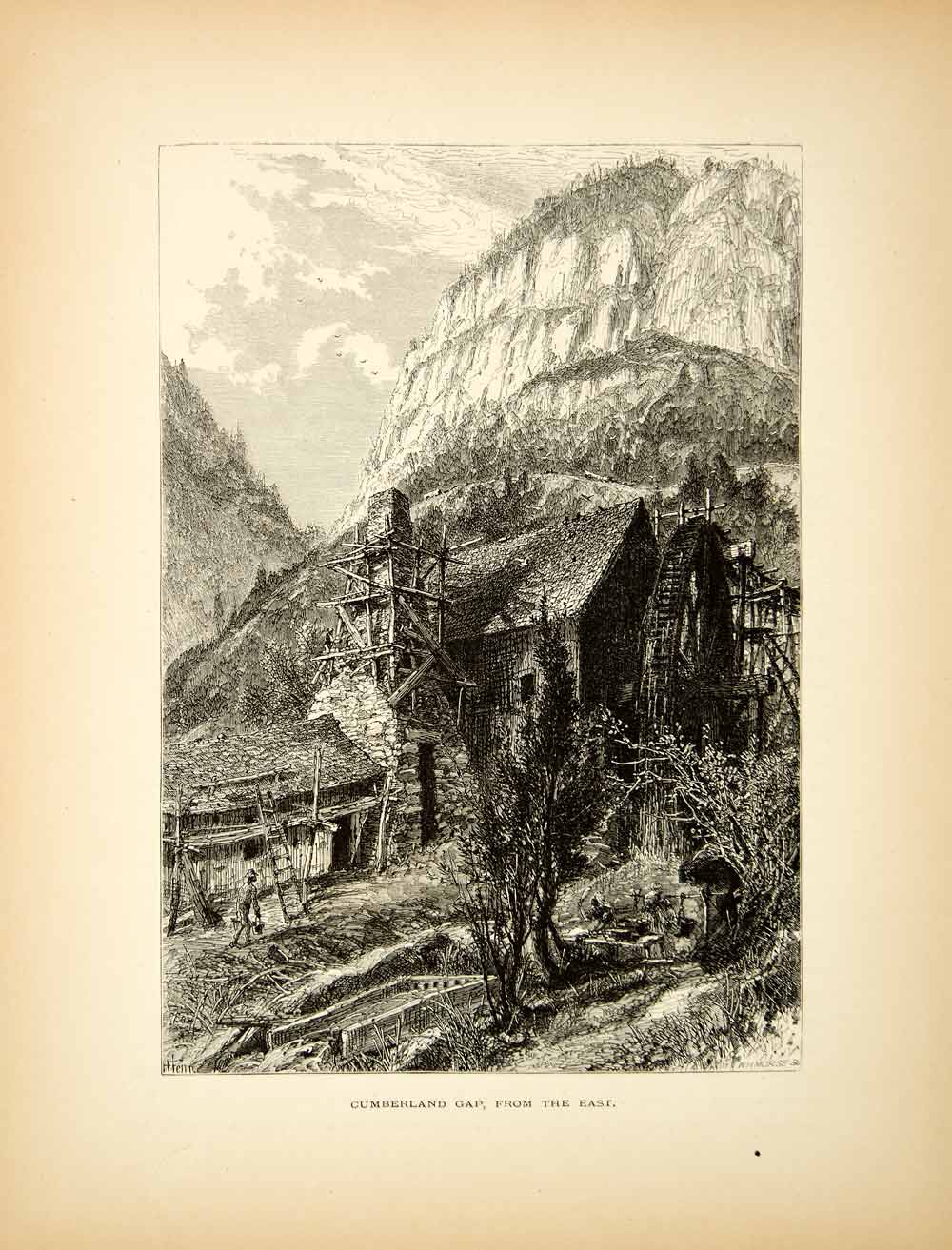 1872 Wood Engraving Cumberland Gap Old Mill Appalachian Mountains Harry Fenn PA2
