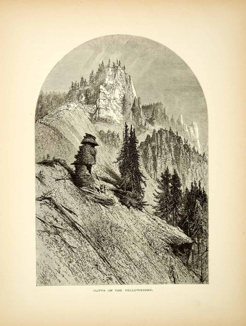1872 Wood Engraving Yellowstone River Cliffs National Park Wyoming Harry PA2