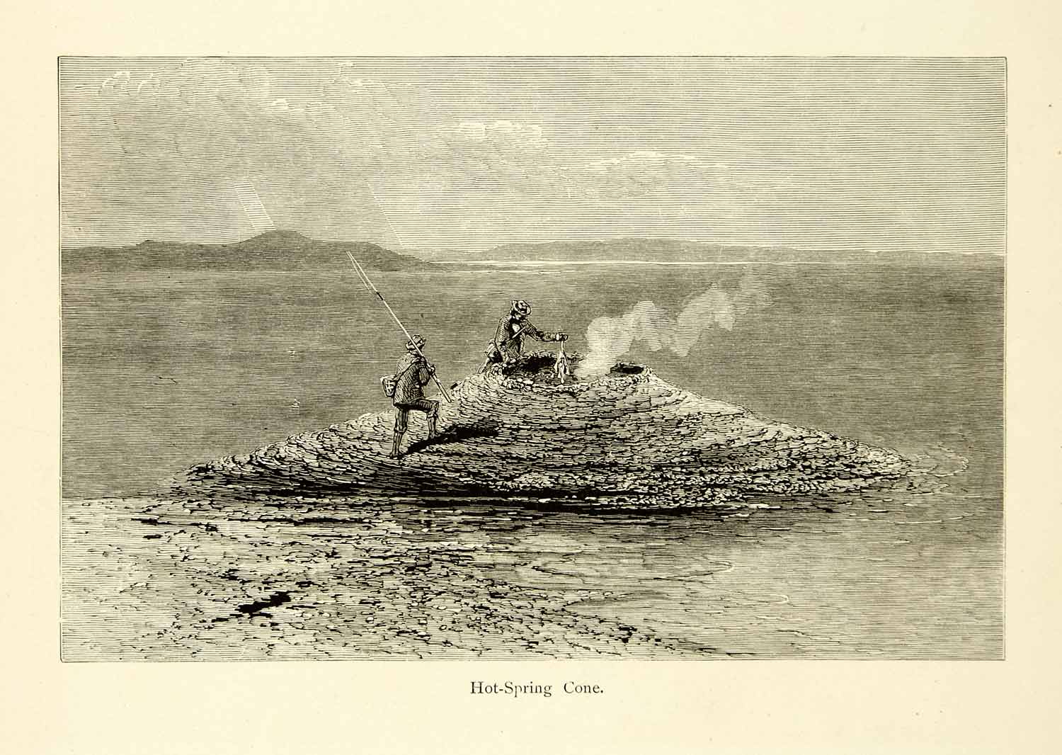 1872 Wood Engraving Yellowstone Hot Spring Cone Fishermen Cooking Fish PA2