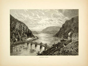1872 Wood Engraving Harpers Ferry West Virginia River Bridge Granville PA2