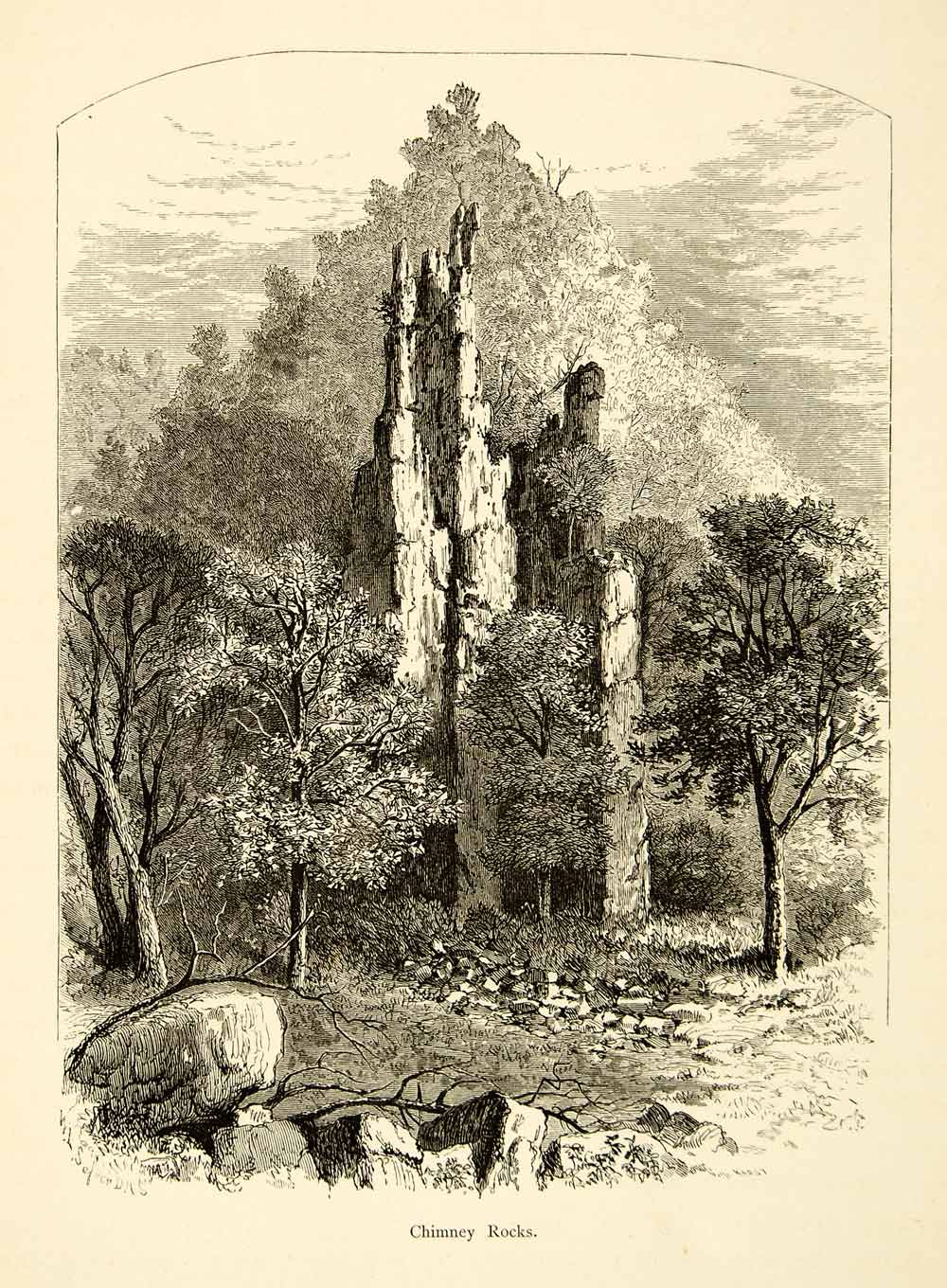 1872 Wood Engraving Chimney Rocks Geology Formation West Virginia W. L PA2