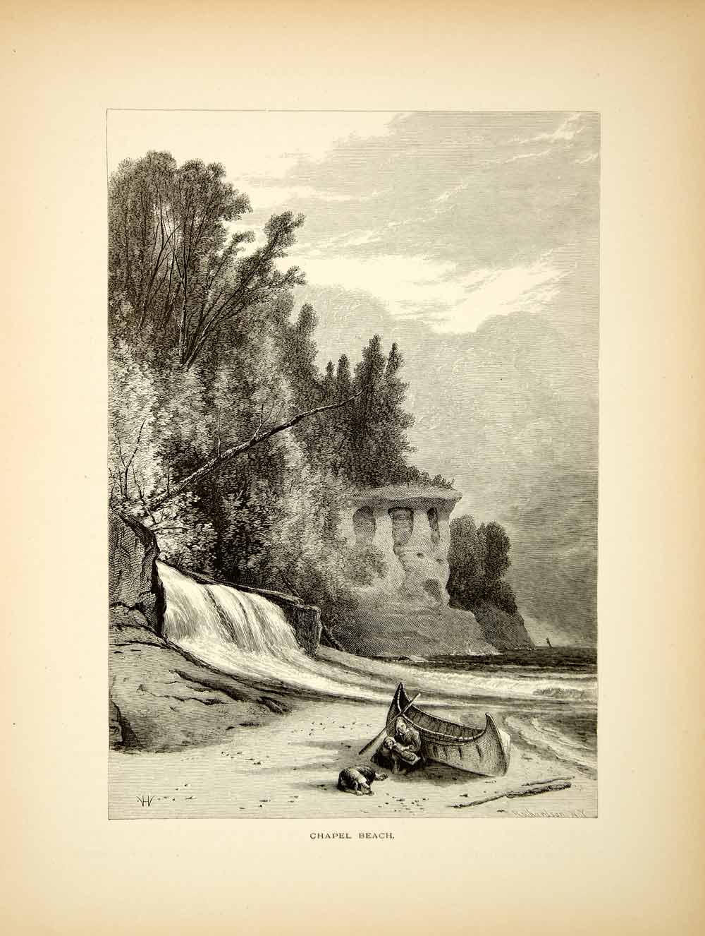 1872 Wood Engraving Chapel Rock Beach Canoe Pictured Rocks National PA2
