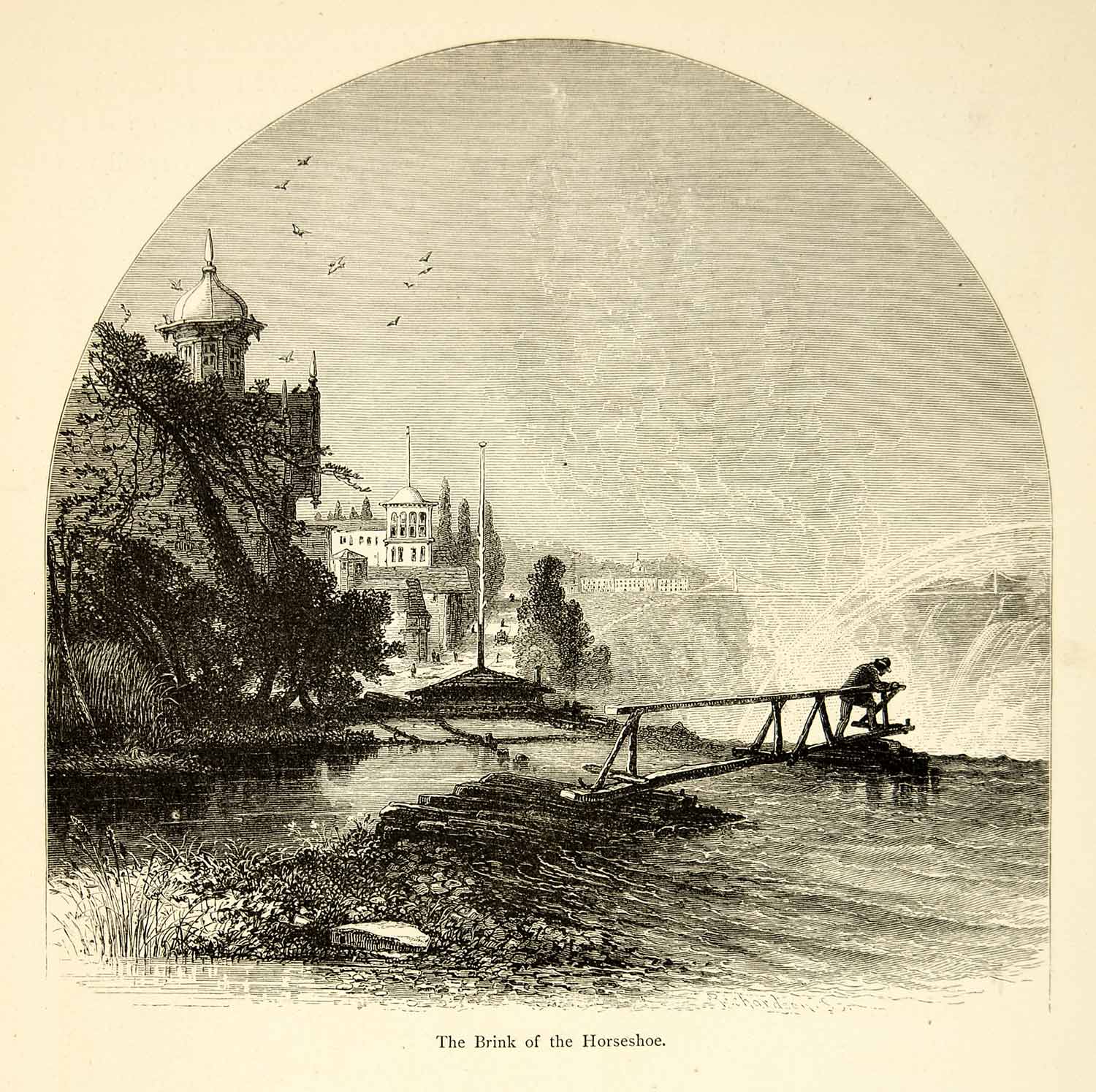 1872 Wood Engraving Horseshoe Falls Brink Canadian Niagara Waterfall Harry PA2