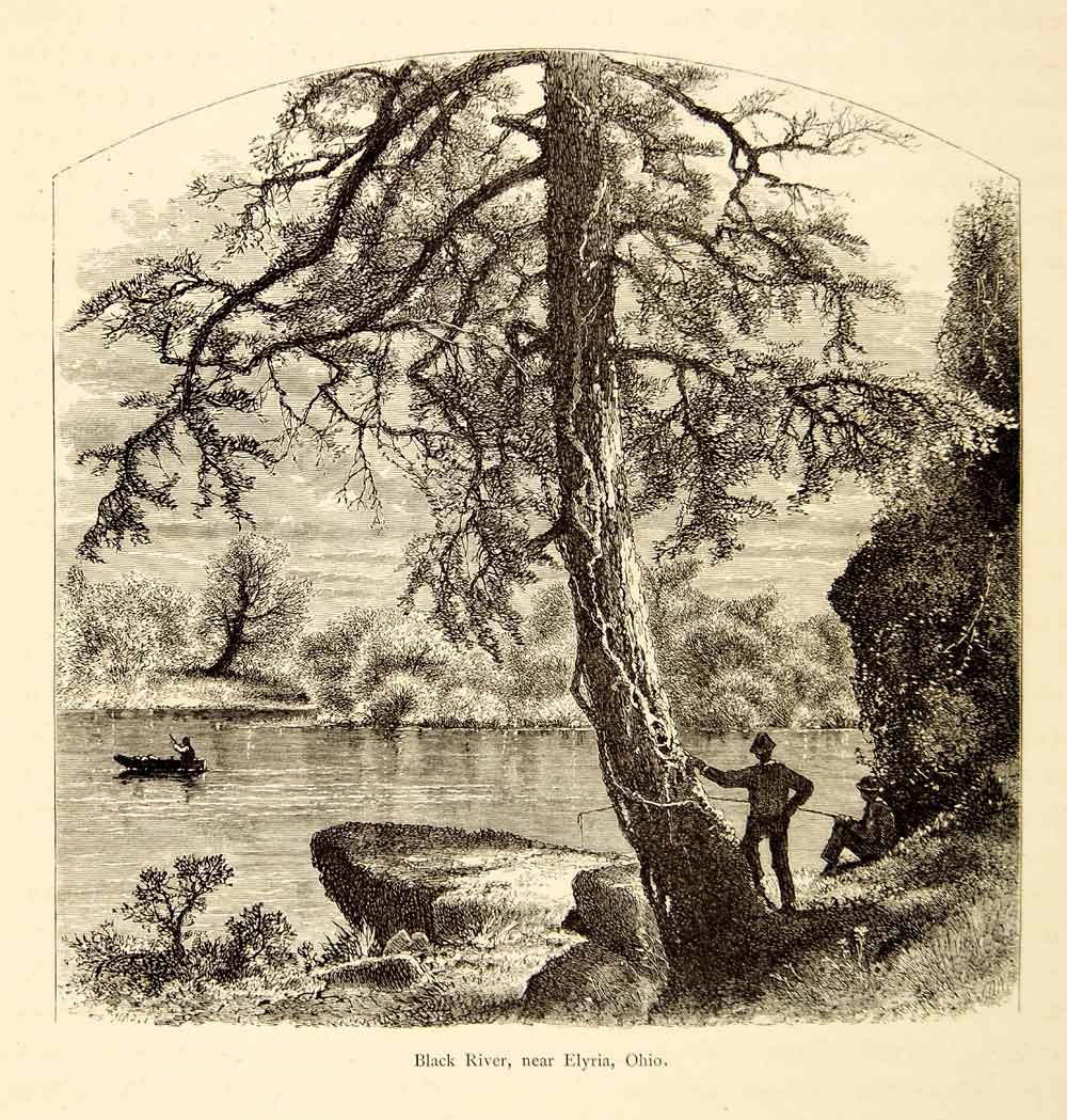 1872 Wood Engraving Black River Elyria Ohio Boat Landscape John Douglas PA2