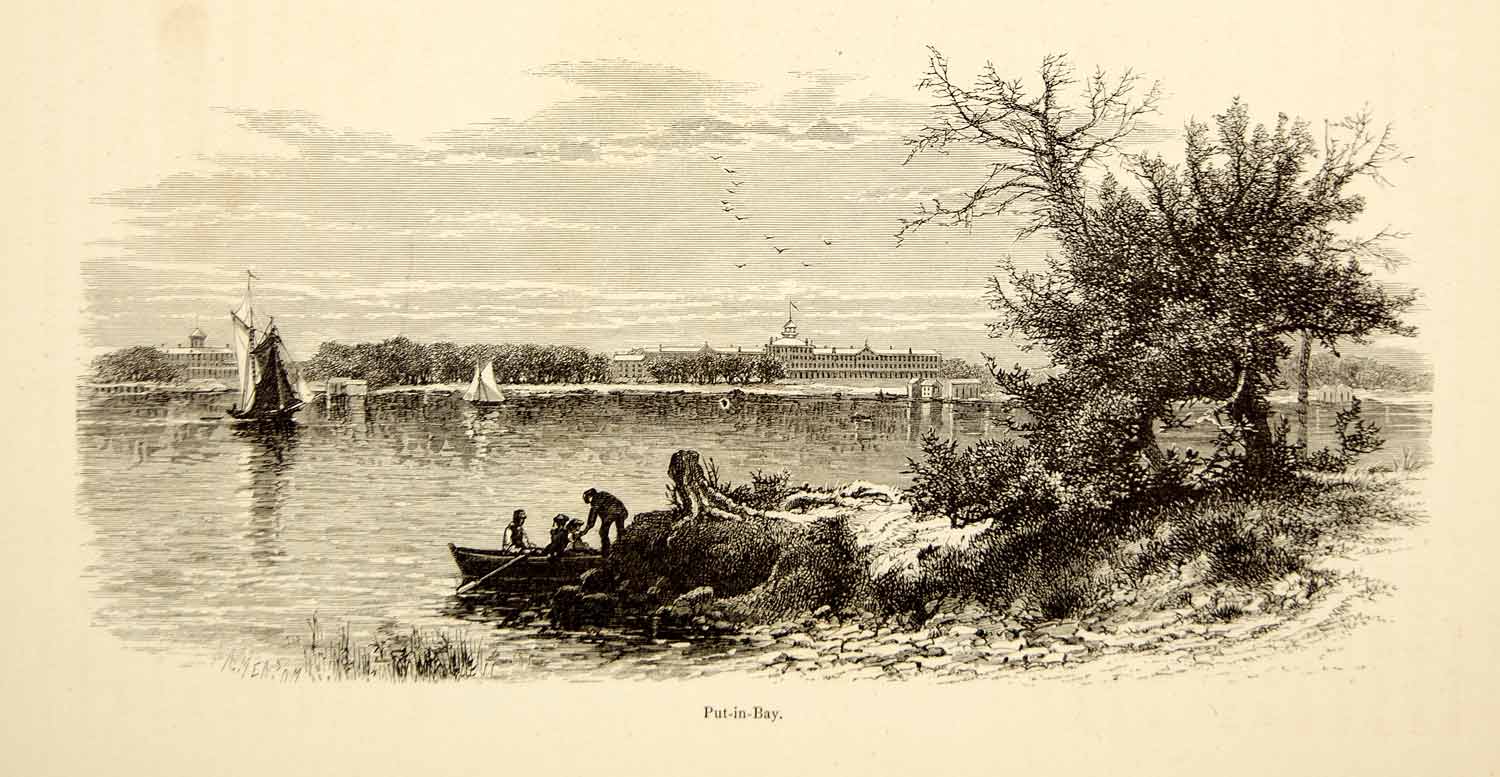 1872 Wood Engraving Put-in-Bay Village South Bass Island Lake Erie Boat PA2