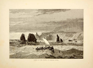 1872 Wood Engraving Pacific Ocean Russian River Sailboat California Coast PA2