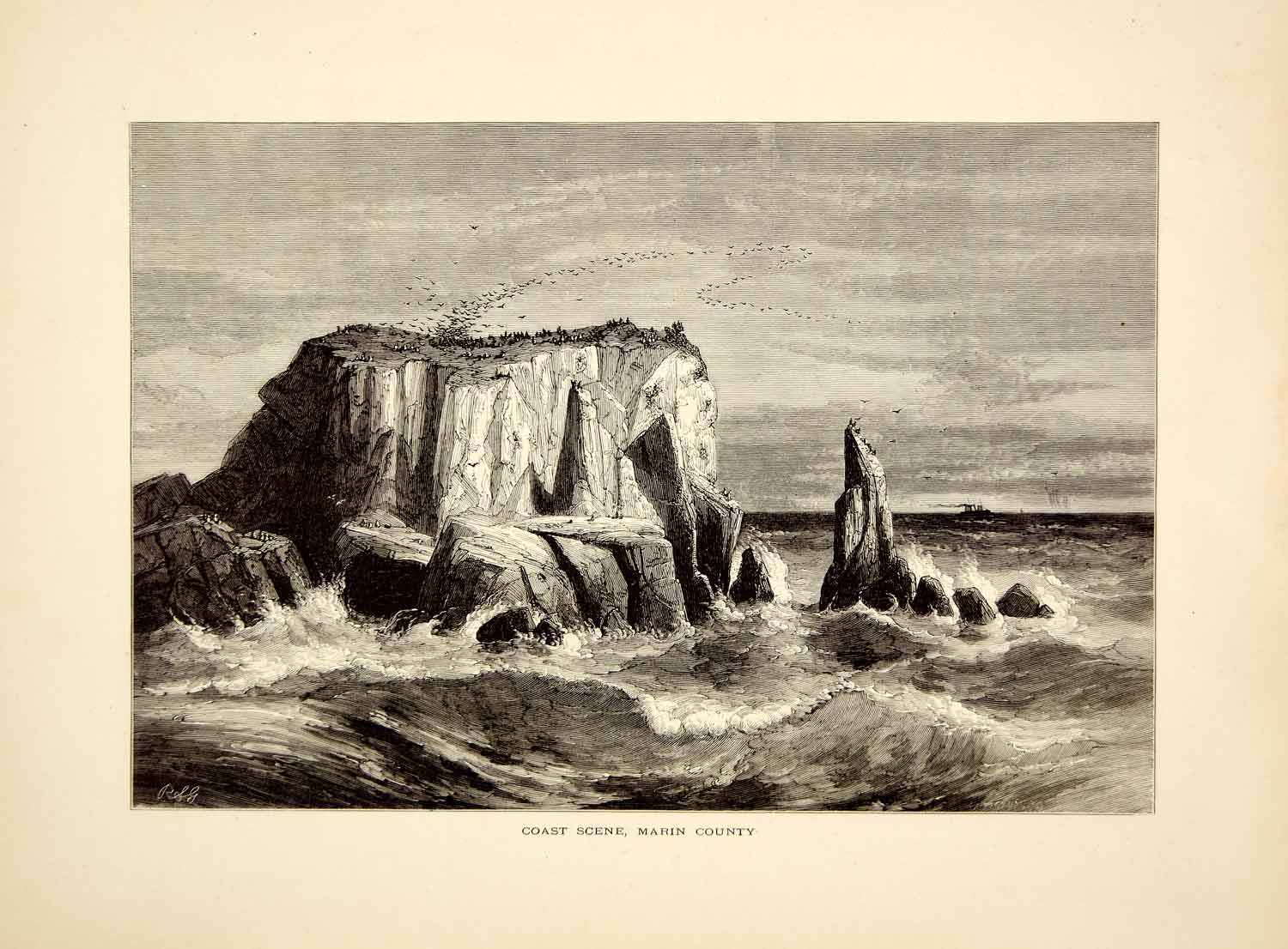 1872 Wood Engraving Marin County Coast California Rocks Robert Swain Gifford PA2