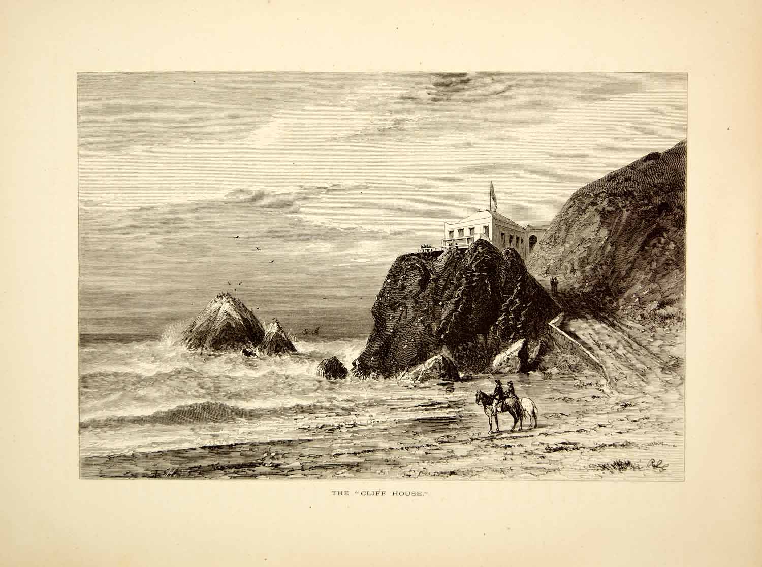 1872 Wood Engraving Cliff House Seal Rocks Pacific Ocean Beach San Francisco PA2