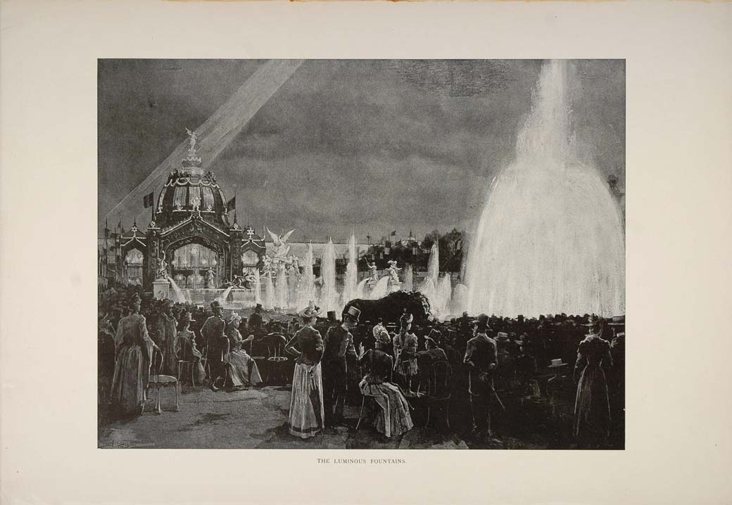 1889 Paris Exposition Luminous Fountains Night Print - ORIGINAL PARIS