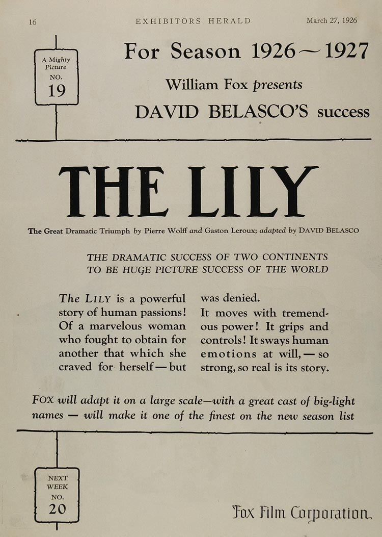 1926 Print Ad The Lily Fox Silent Film David Belasco - ORIGINAL ADVERTISING PAT1