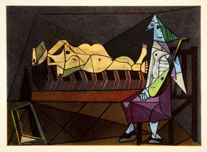 1949 Color Print Couche Femme Assise Mandoline Cubism Portrait Nude PCZ1