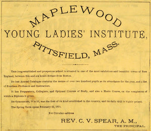 1871 Ad Maplewood Young Ladies Institute Pittsfield Rev Spear Principal PEM1