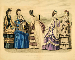 1871 Hand-Colored Print Victorian Fashion Dresses Hats Illman Brothers PEM1