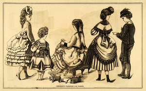 1871 Print March Victorian Fashion Children Clothes Dress Hat Bustle Frame PEM1
