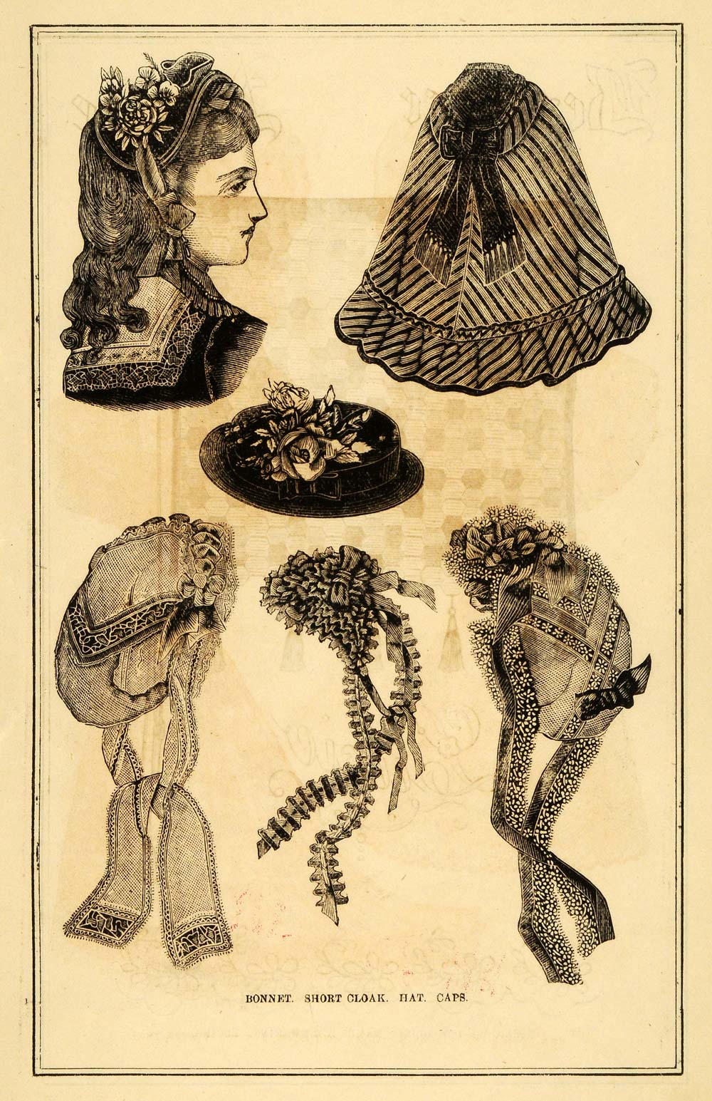 1871 Print Victorian Fashion Bonnet Short Cloak Hat Cap Cape Clothes PEM1
