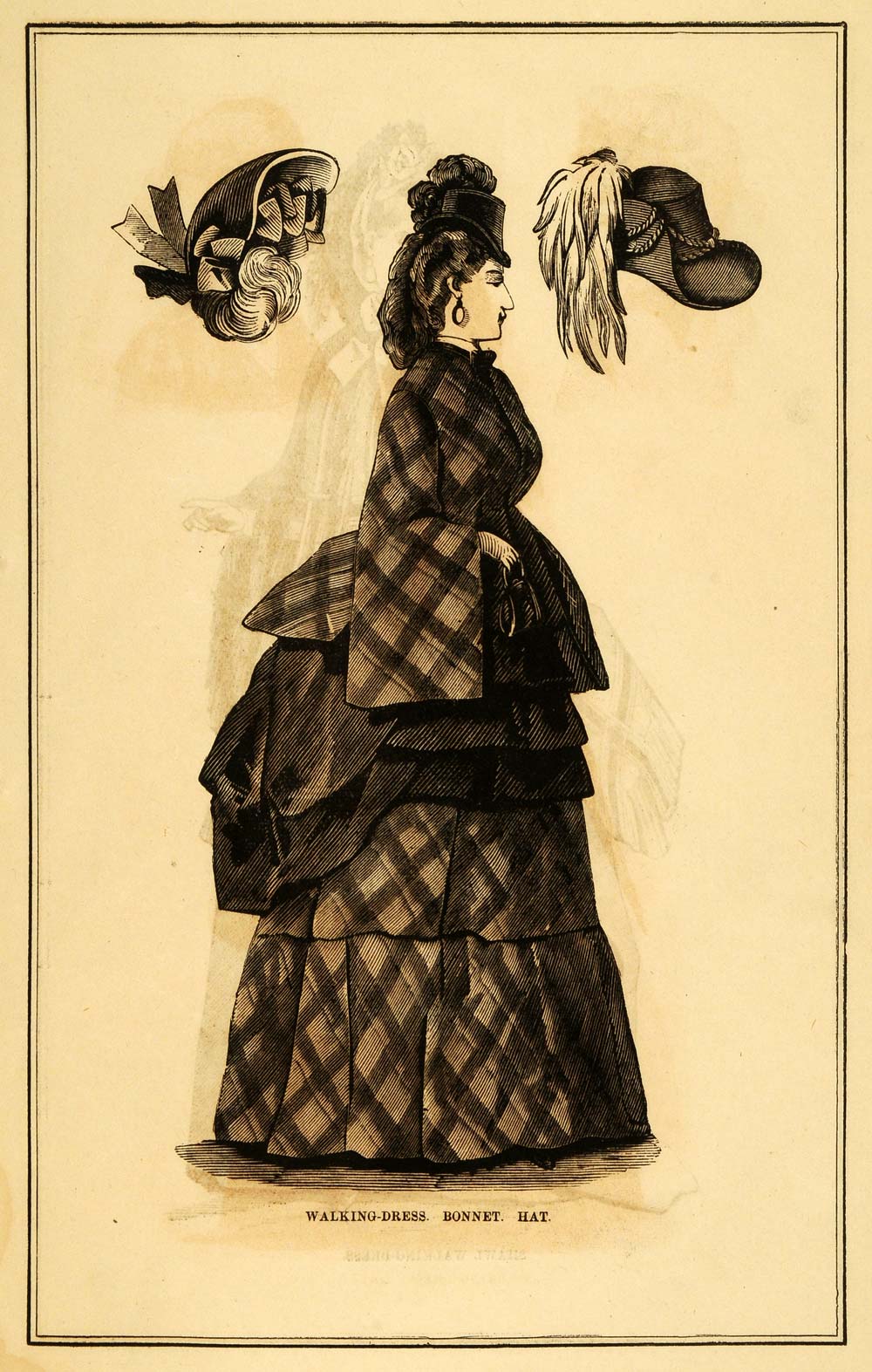 1871 Walking Dress Victorian Fashion Hat Bonnet Bustle Frame Clothing PEM1