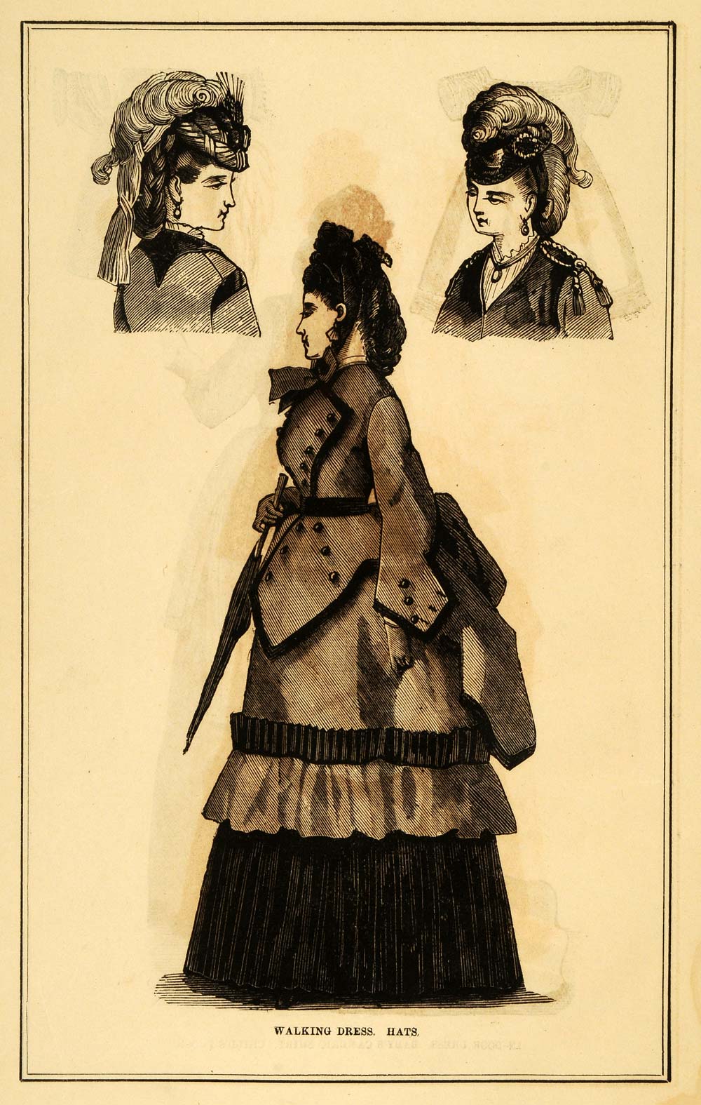 1871 Print Walking Dress Hat Victorian Fashion Bustle Frame Accessories PEM1