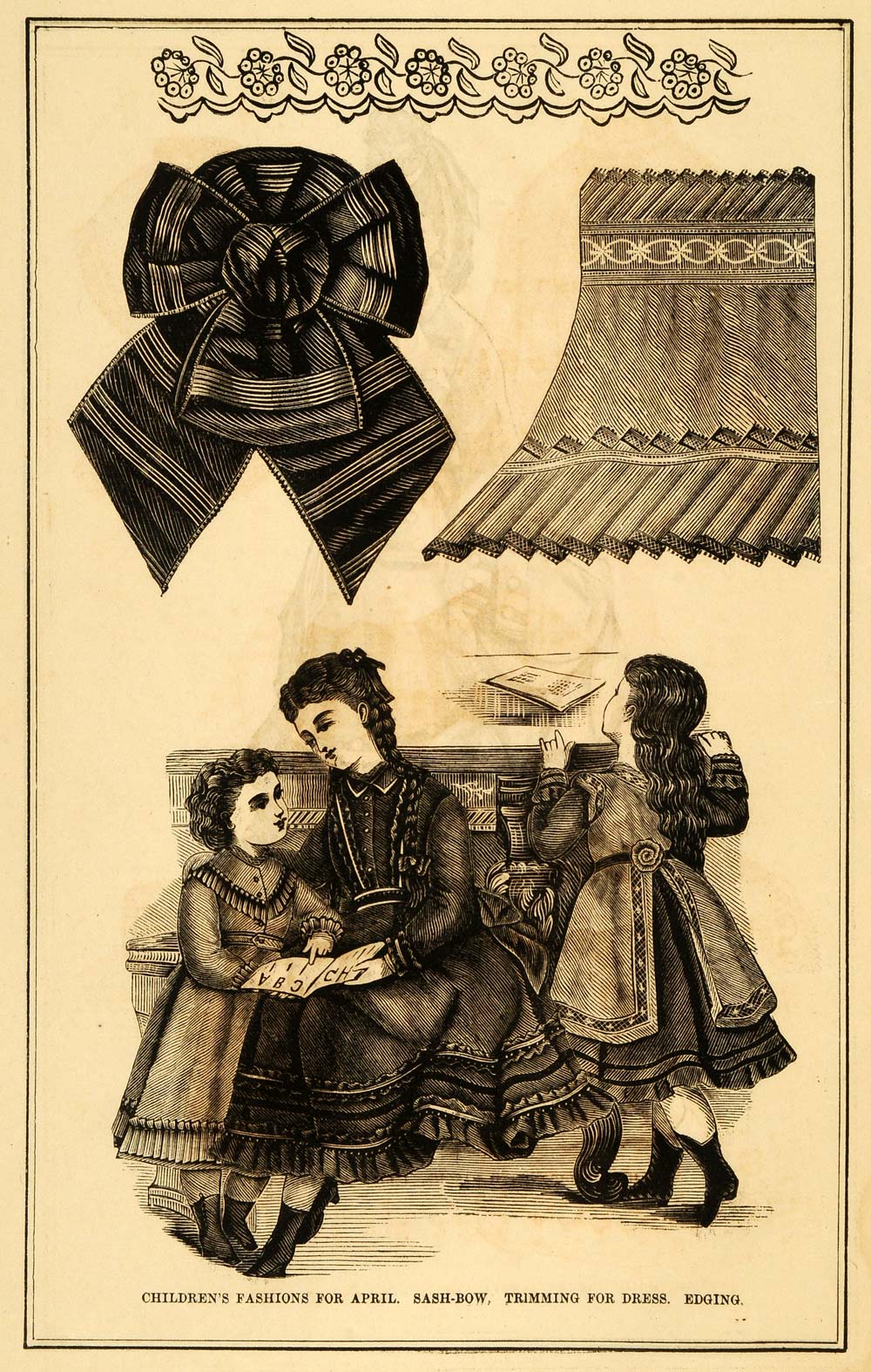 1871 Print Childrens Victorian Fashion April Dress Sash Trimming Edging Bow PEM1
