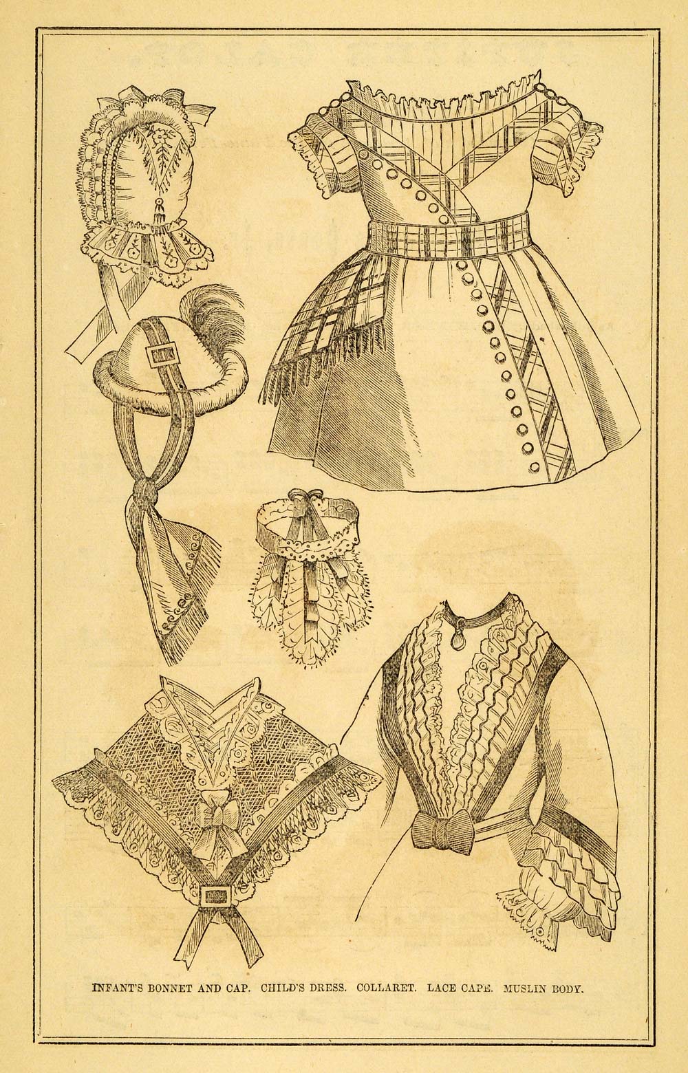 1871 Print Infant Bonnet Cap Children Victorian Fashion Clothing Collaret PEM1