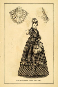 1871 Plaid Traveling Dress Pilerine Fichu Sleeve Victorian Fashion 19th PEM1