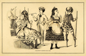 1871 Boy Girl Children Victorian Fashion June Dress Hat Boots Coat Clothing PEM1