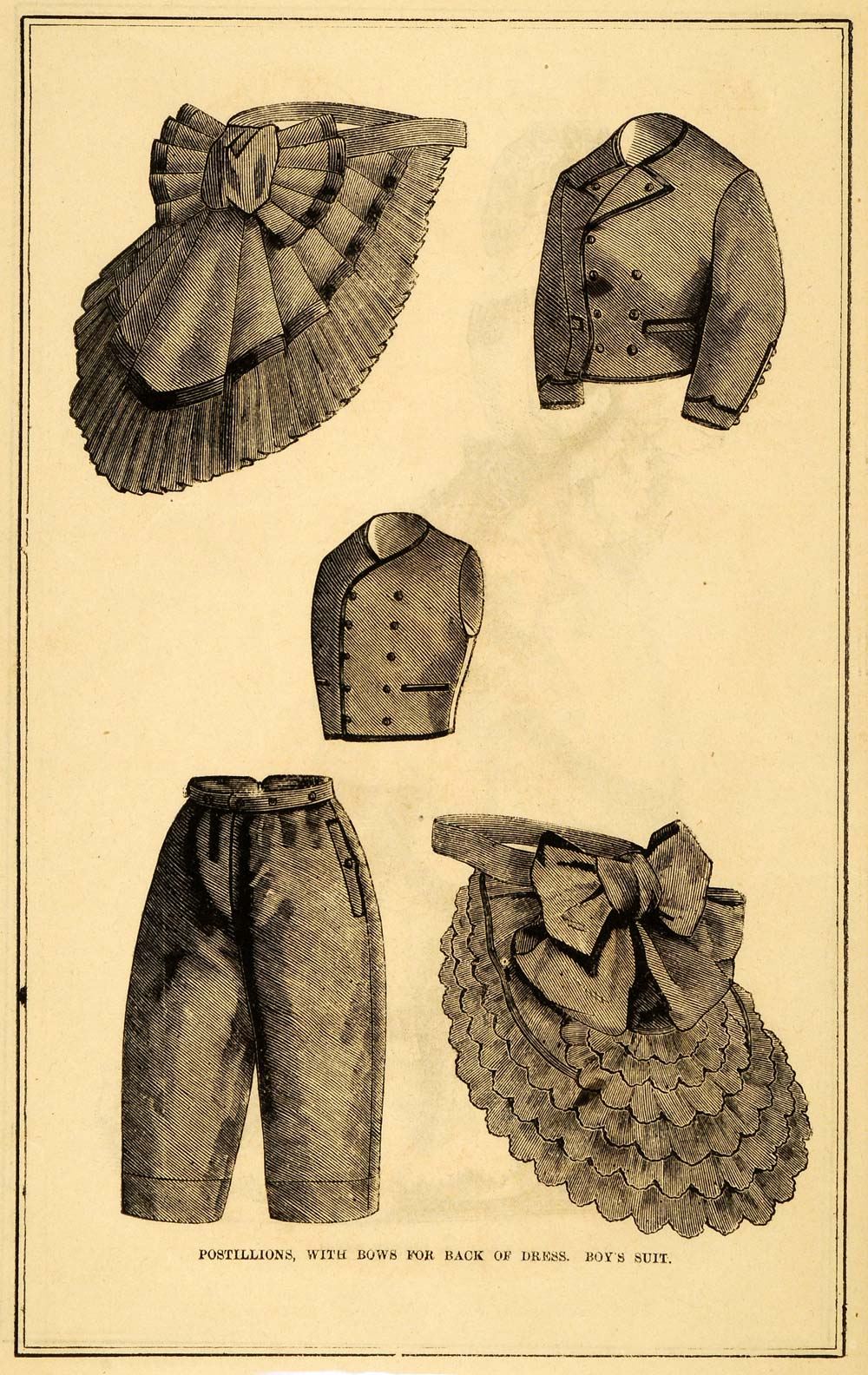 1871 Postillion Bow Back Dresses Boy Suit Victorian Fashion Clothing PEM1