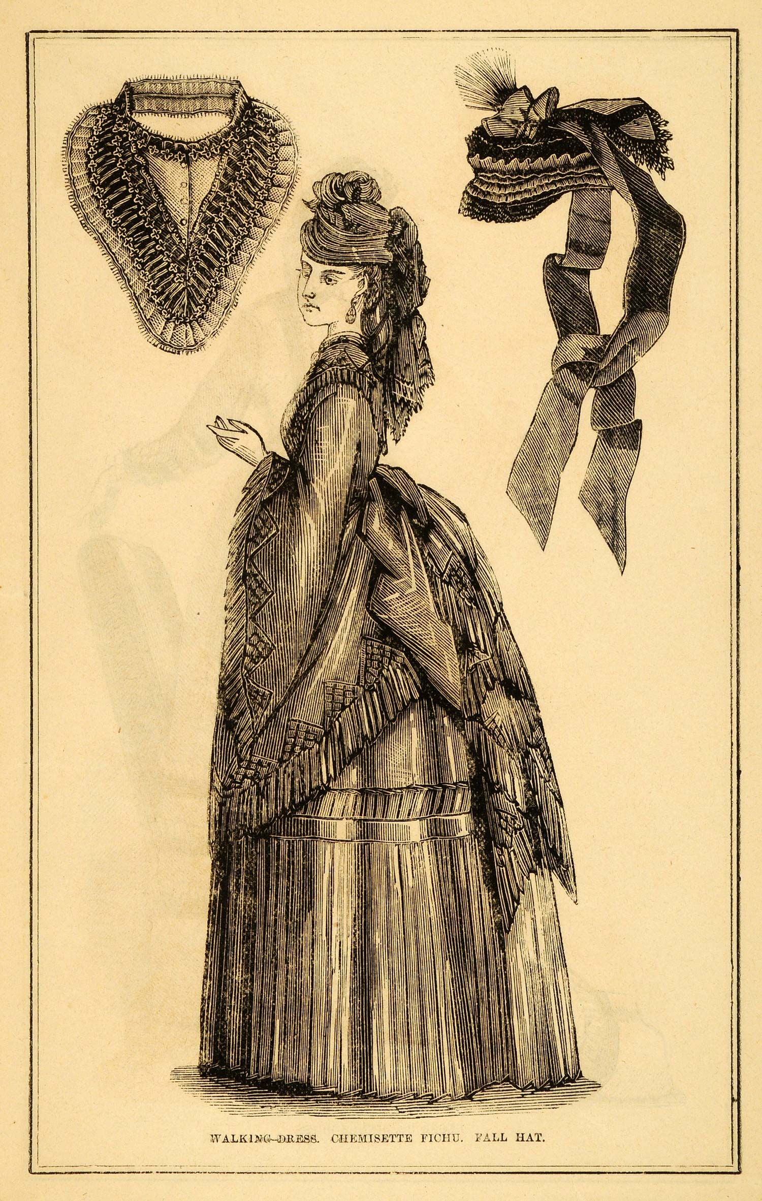 1871 Victorian Walking Dress Chemisette Fichu Hat Bustle Frame Bonnet PEM1