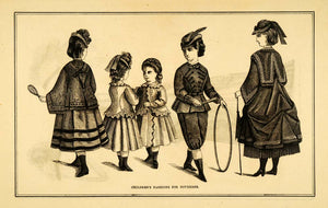 1871 Print Children Victorian Fashion Boy Girl Dress Suit Hats Bustle Hoop PEM1