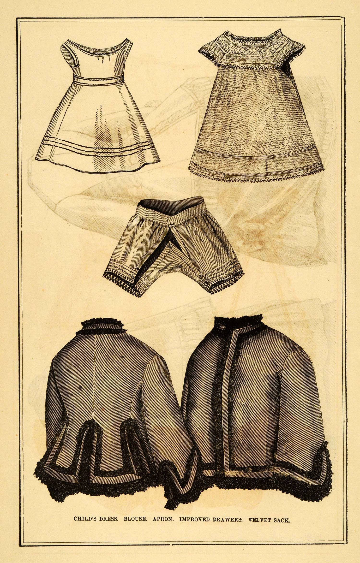 1871 Print Victorian Fashion Children Dress Blouse Apron Drawers Velvet PEM1