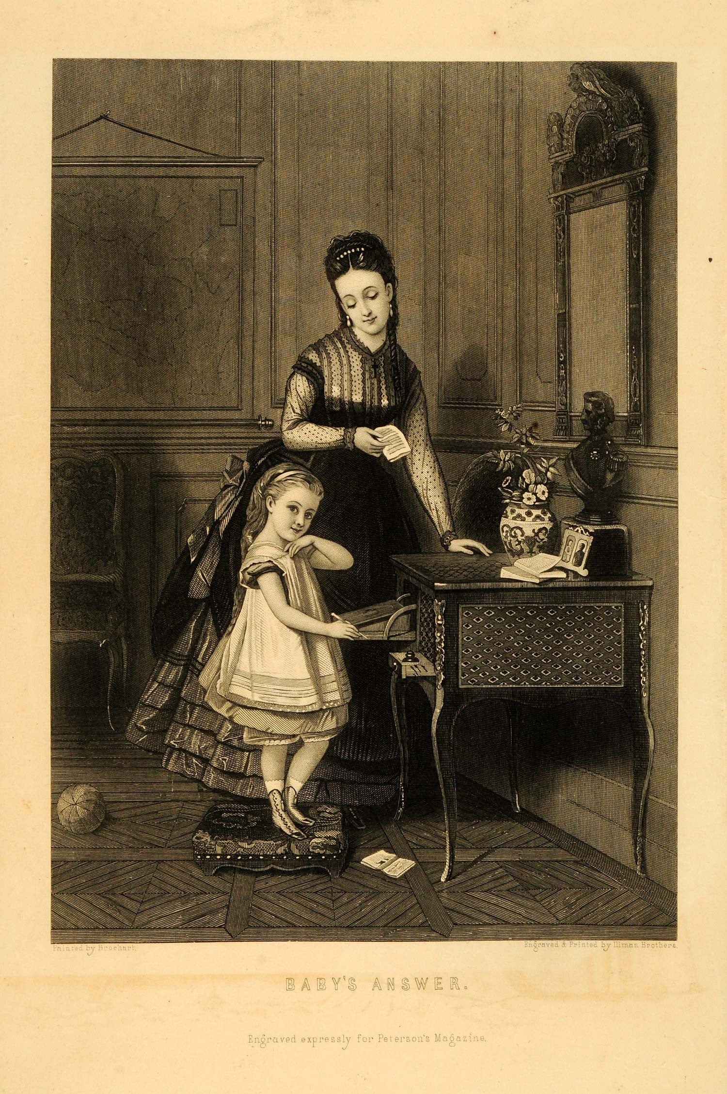 1871 Engraving Babys Answers Brochart Painting Victorian Fashion Dress PEM1