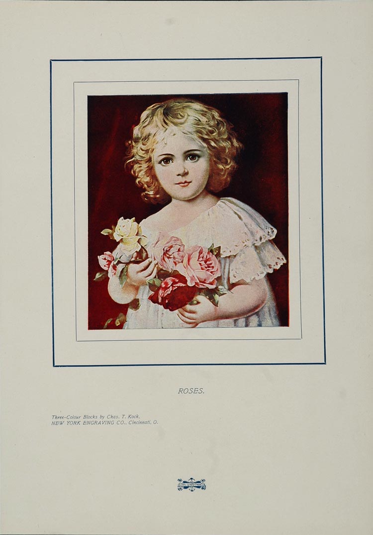 1904 Original Color Print Roses Child Little Girl SWEET - ORIGINAL