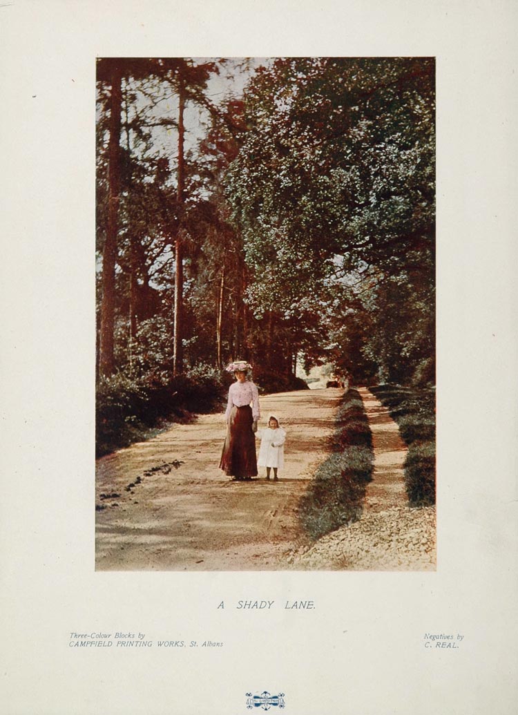 1904 Color Print Victorian Woman Child Shady Lane Road - ORIGINAL
