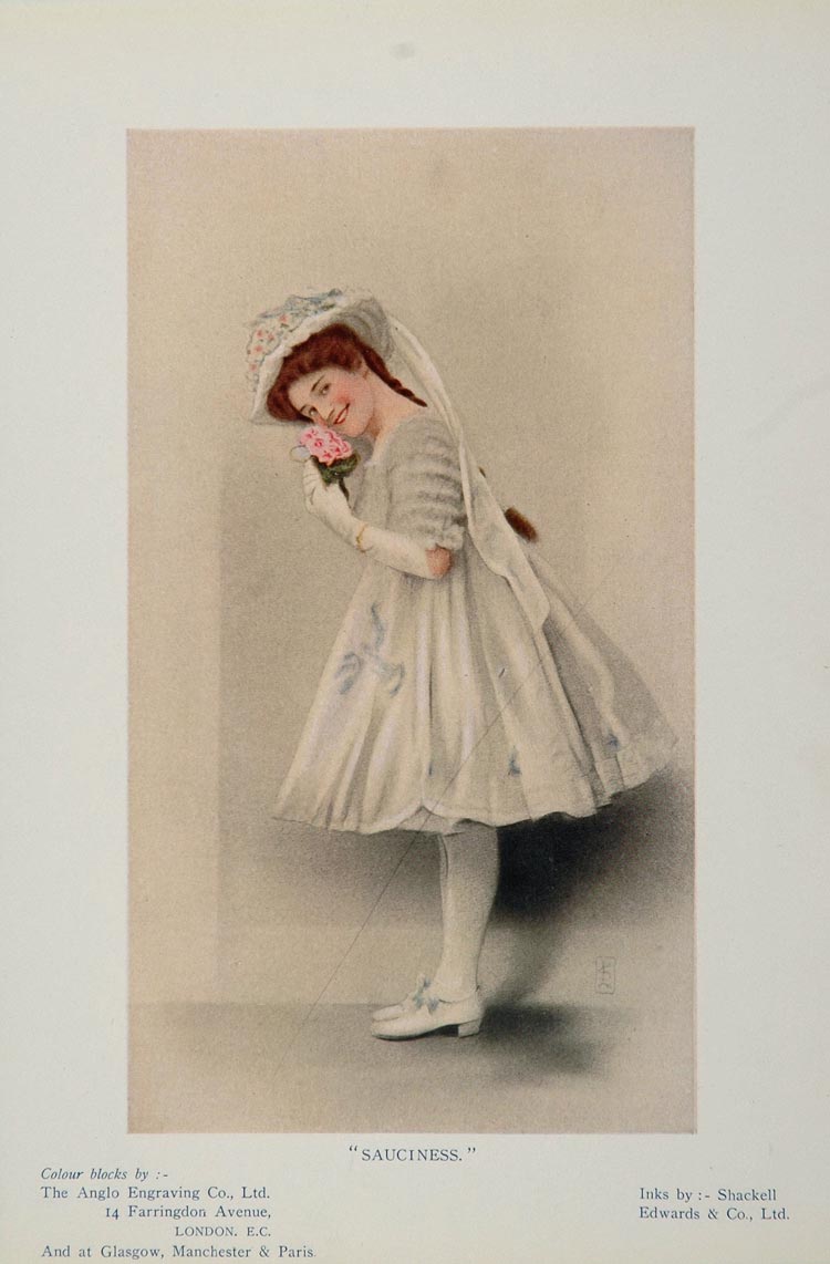 1910 Print Sauciness Girl White Dress Hat Flowers CUTE! 1910 Print Sauciness Girl White Dress Hat Flowers CUTE!