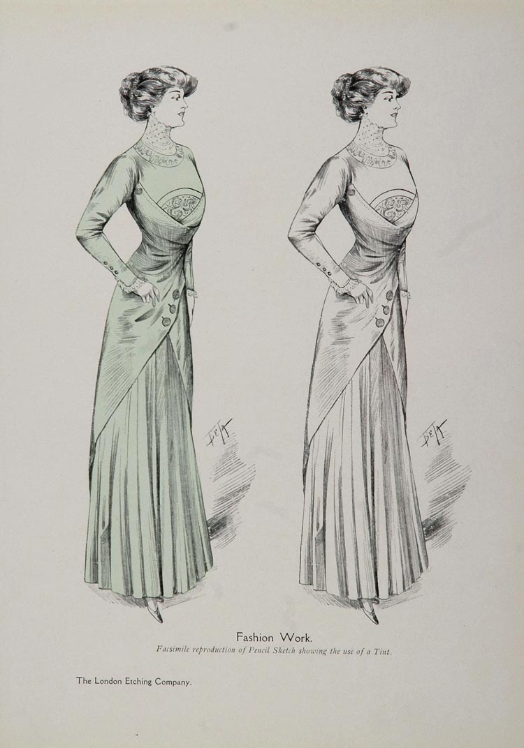 1910 Color Tint Print Woman Edwardian Dress Fashion - ORIGINAL