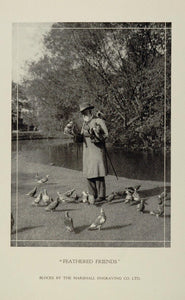 1933 Print Old Man Beard Birds Pigeons Park Lake - ORIGINAL