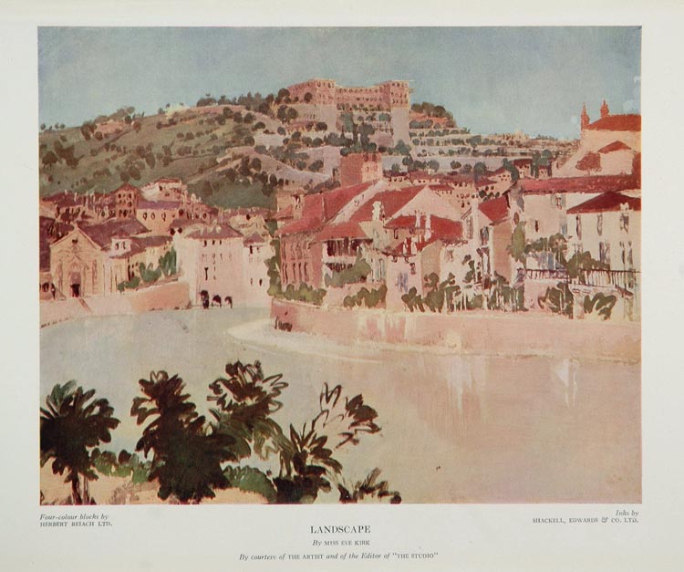 1934 Landscape Town River Eve Kirk Original Color Print - ORIGINAL