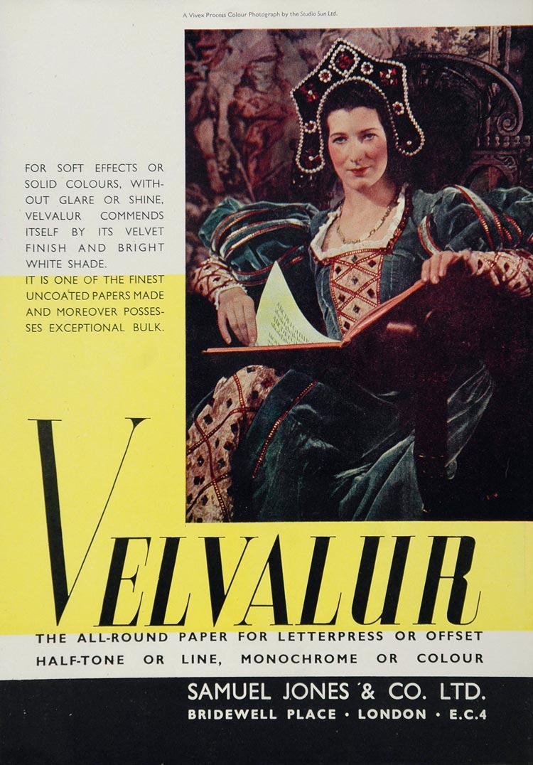 1938 Color Ad Velvalur Printing Paper Renaissance Lady - ORIGINAL ADVERTISING